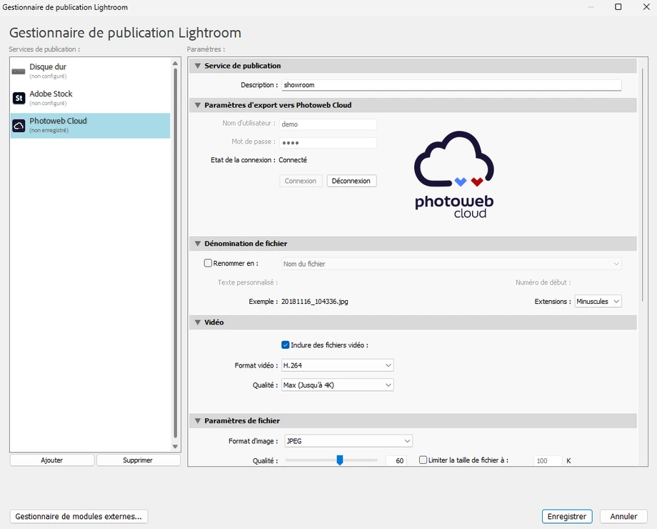 Gestionnaire de publication de Lightroom Classic : le service Photoweb Cloud et ses paramètres (identifiant, état de la connexion, format d'image)